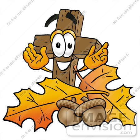 #23557 Clip Art Graphic of a Wooden Cross Cartoon Character With Autumn Leaves and Acorns in the Fall by toons4biz