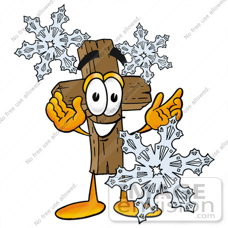 #23560 Clip Art Graphic of a Wooden Cross Cartoon Character With Three Snowflakes in Winter by toons4biz