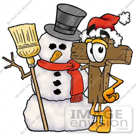 #23561 Clip Art Graphic of a Wooden Cross Cartoon Character With a Snowman on Christmas by toons4biz