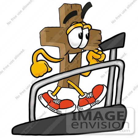#23564 Clip Art Graphic of a Wooden Cross Cartoon Character Walking on a Treadmill in a Fitness Gym by toons4biz