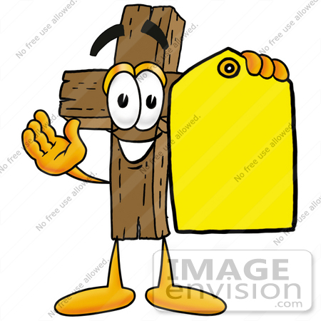 #23565 Clip Art Graphic of a Wooden Cross Cartoon Character Holding a Yellow Sales Price Tag by toons4biz