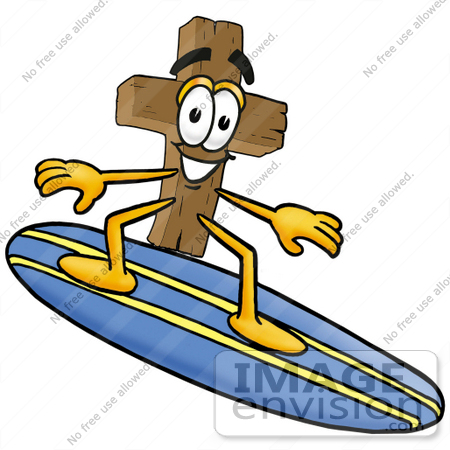 #23569 Clip Art Graphic of a Wooden Cross Cartoon Character Surfing on a Blue and Yellow Surfboard by toons4biz