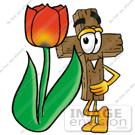 #23570 Clip Art Graphic of a Wooden Cross Cartoon Character With a Red Tulip Flower in the Spring by toons4biz