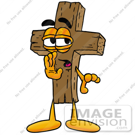 #23575 Clip Art Graphic of a Wooden Cross Cartoon Character Whispering and Gossiping by toons4biz