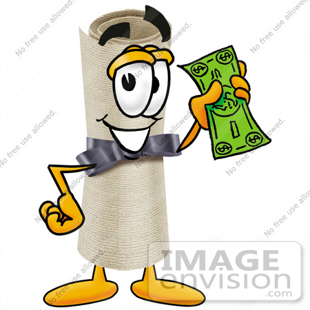 #23576 Clip Art Graphic of a Rolled Diploma Certificate Cartoon Character Holding a Dollar Bill by toons4biz