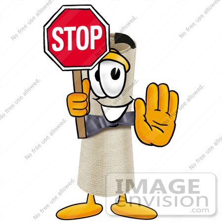 #23577 Clip Art Graphic of a Rolled Diploma Certificate Cartoon Character Holding a Stop Sign by toons4biz