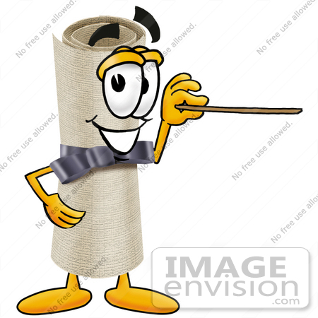 #23579 Clip Art Graphic of a Rolled Diploma Certificate Cartoon Character Holding a Pointer Stick by toons4biz