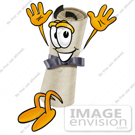 #23581 Clip Art Graphic of a Rolled Diploma Certificate Cartoon Character Jumping by toons4biz
