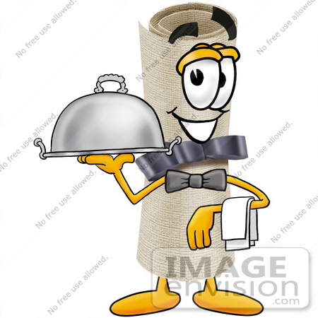 #23582 Clip Art Graphic of a Rolled Diploma Certificate Cartoon Character Dressed as a Waiter and Holding a Serving Platter by toons4biz