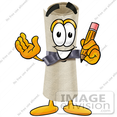 #23583 Clip Art Graphic of a Rolled Diploma Certificate Cartoon Character Holding a Pencil by toons4biz