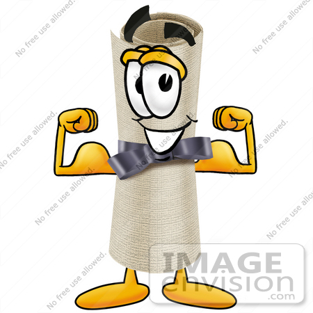 #23587 Clip Art Graphic of a Rolled Diploma Certificate Cartoon Character Flexing His Arm Muscles by toons4biz