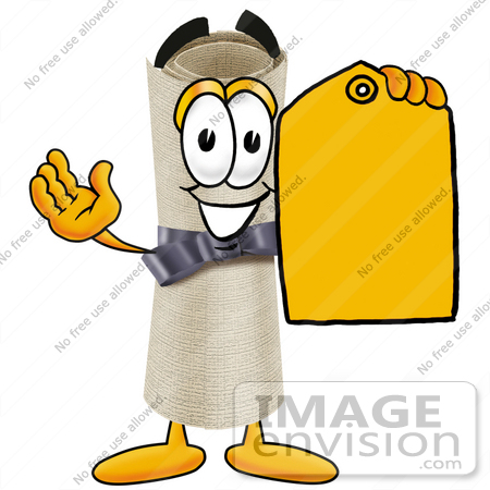 #23588 Clip Art Graphic of a Rolled Diploma Certificate Cartoon Character Holding a Yellow Sales Price Tag by toons4biz