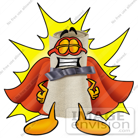 #23590 Clip Art Graphic of a Rolled Diploma Certificate Cartoon Character Dressed as a Super Hero by toons4biz