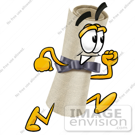 #23591 Clip Art Graphic of a Rolled Diploma Certificate Cartoon Character Running by toons4biz