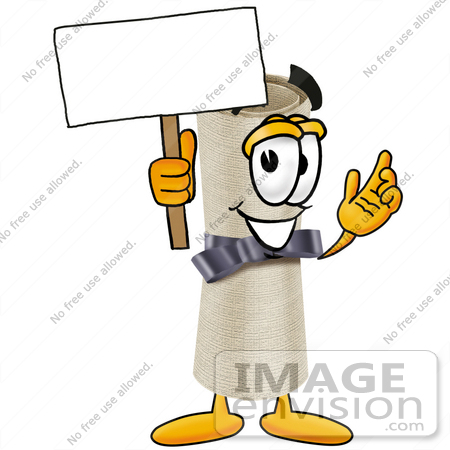 #23594 Clip Art Graphic of a Rolled Diploma Certificate Cartoon Character Holding a Blank Sign by toons4biz