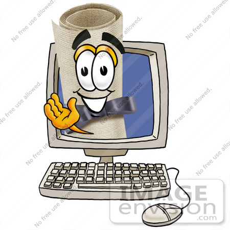 #23595 Clip Art Graphic of a Rolled Diploma Certificate Cartoon Character Waving From Inside a Computer Screen by toons4biz