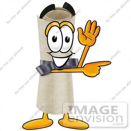 #23596 Clip Art Graphic of a Rolled Diploma Certificate Cartoon Character Waving and Pointing by toons4biz