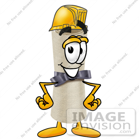 #23598 Clip Art Graphic of a Rolled Diploma Certificate Cartoon Character Wearing a Hardhat Helmet by toons4biz