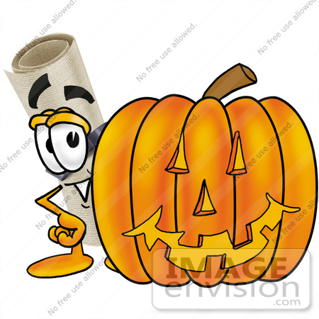 #23600 Clip Art Graphic of a Rolled Diploma Certificate Cartoon Character With a Carved Halloween Pumpkin by toons4biz