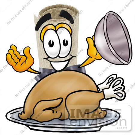 #23602 Clip Art Graphic of a Rolled Diploma Certificate Cartoon Character Serving a Thanksgiving Turkey on a Platter by toons4biz