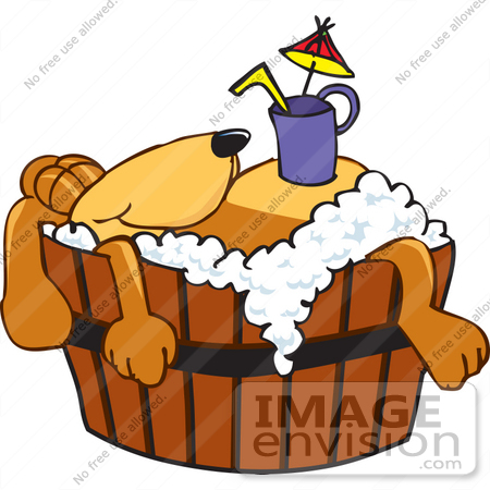 #23623 Clip Art Graphic of a Cute Brown Hound Dog Cartoon Character Taking a Leisurely Bubble Bath and Drinking a Beverage by toons4biz
