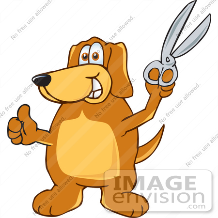 #23629 Clip Art Graphic of a Cute Brown Hound Dog Cartoon Character Holding a Pair of Scissors up by toons4biz