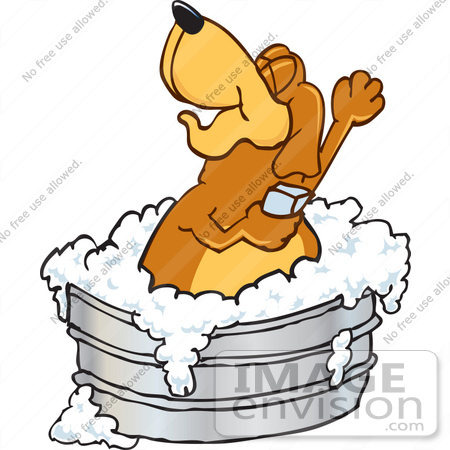 #23631 Clip Art Graphic of a Cute Brown Hound Dog Cartoon Character Soaping up His Armpits While Taking a Bubble Bath in a Tub by toons4biz