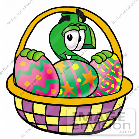 #23646 Clip Art Graphic of a Green USD Dollar Sign Cartoon Character in an Easter Basket Full of Decorated Easter Eggs by toons4biz