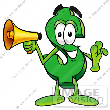 #23647 Clip Art Graphic of a Green USD Dollar Sign Cartoon Character Holding a Megaphone by toons4biz