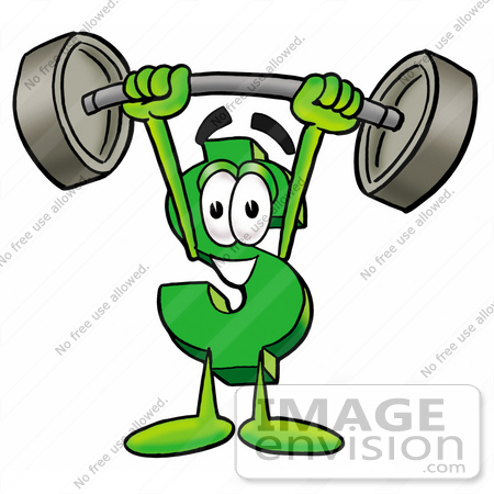 #23650 Clip Art Graphic of a Green USD Dollar Sign Cartoon Character Holding a Heavy Barbell Above His Head by toons4biz