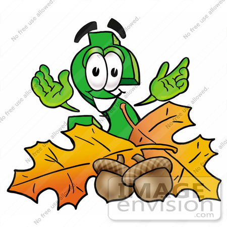 #23651 Clip Art Graphic of a Green USD Dollar Sign Cartoon Character With Autumn Leaves and Acorns in the Fall by toons4biz