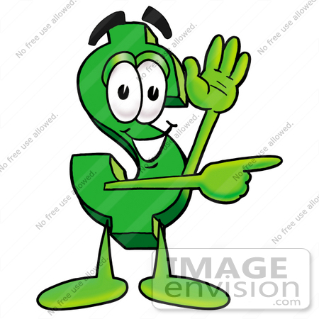 #23652 Clip Art Graphic of a Green USD Dollar Sign Cartoon Character Waving and Pointing by toons4biz