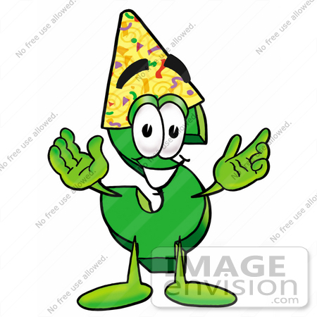 #23653 Clip Art Graphic of a Green USD Dollar Sign Cartoon Character Wearing a Birthday Party Hat by toons4biz
