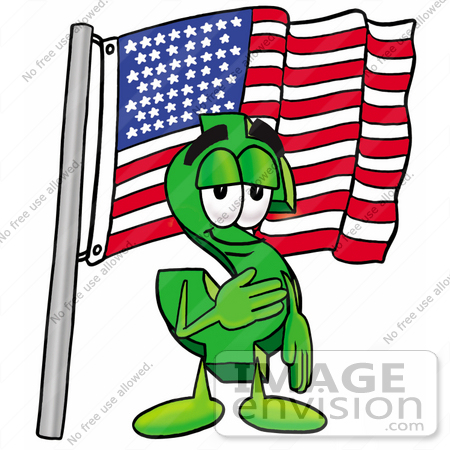 #23656 Clip Art Graphic of a Green USD Dollar Sign Cartoon Character Pledging Allegiance to an American Flag by toons4biz