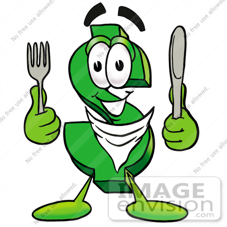 #23657 Clip Art Graphic of a Green USD Dollar Sign Cartoon Character Holding a Knife and Fork by toons4biz