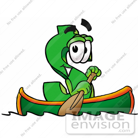 #23659 Clip Art Graphic of a Green USD Dollar Sign Cartoon Character Rowing a Boat by toons4biz