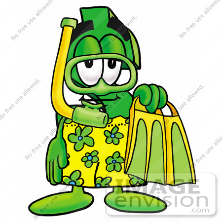 #23661 Clip Art Graphic of a Green USD Dollar Sign Cartoon Character in Green and Yellow Snorkel Gear by toons4biz