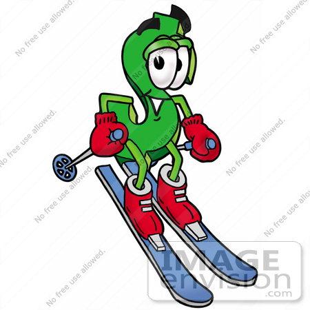 #23665 Clip Art Graphic of a Green USD Dollar Sign Cartoon Character Skiing Downhill by toons4biz