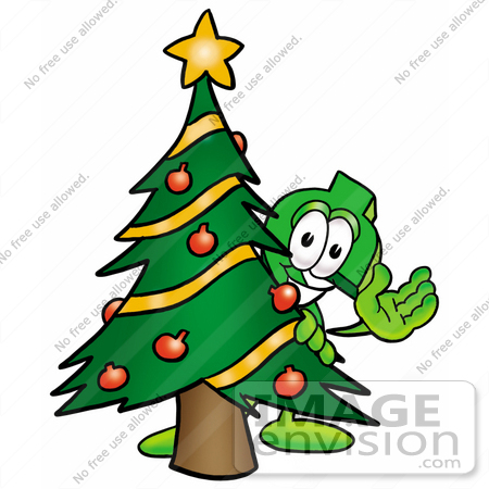 #23666 Clip Art Graphic of a Green USD Dollar Sign Cartoon Character Waving and Standing by a Decorated Christmas Tree by toons4biz