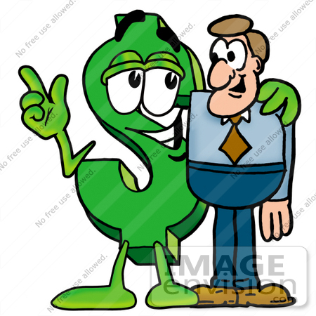 #23667 Clip Art Graphic of a Green USD Dollar Sign Cartoon Character Talking to a Business Man by toons4biz
