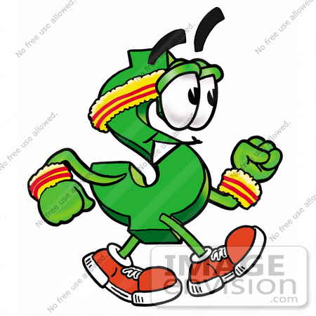 #23669 Clip Art Graphic of a Green USD Dollar Sign Cartoon Character Speed Walking or Jogging by toons4biz