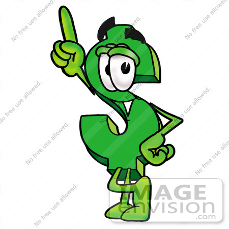 #23672 Clip Art Graphic of a Green USD Dollar Sign Cartoon Character Pointing Upwards by toons4biz