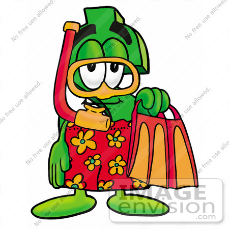 #23673 Clip Art Graphic of a Green USD Dollar Sign Cartoon Character in Orange and Red Snorkel Gear by toons4biz