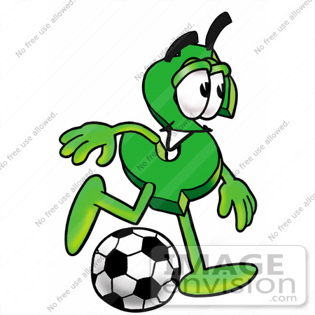#23675 Clip Art Graphic of a Green USD Dollar Sign Cartoon Character Kicking a Soccer Ball by toons4biz