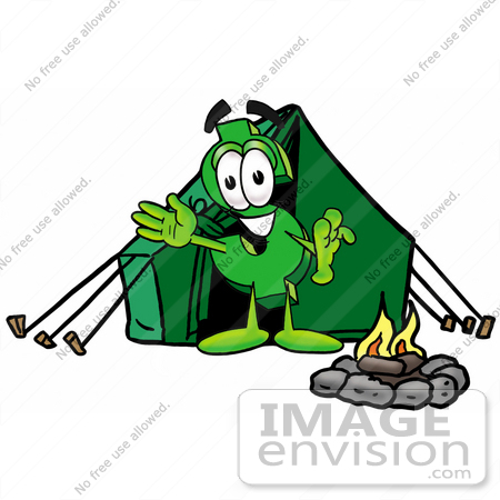 #23676 Clip Art Graphic of a Green USD Dollar Sign Cartoon Character Camping With a Tent and Fire by toons4biz