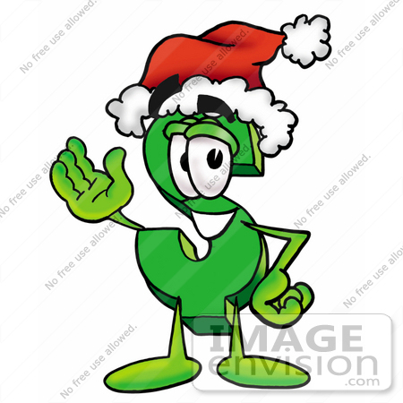 #23680 Clip Art Graphic of a Green USD Dollar Sign Cartoon Character Wearing a Santa Hat and Waving by toons4biz