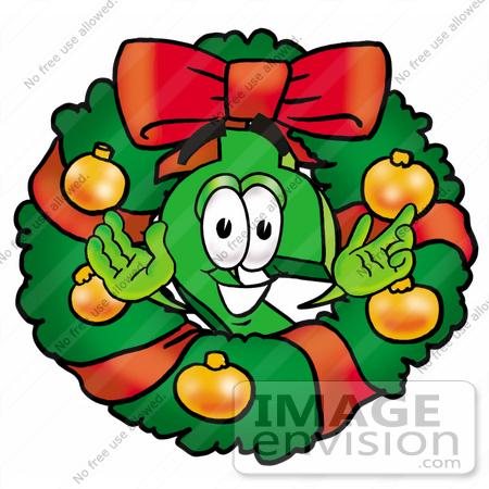 #23683 Clip Art Graphic of a Green USD Dollar Sign Cartoon Character in the Center of a Christmas Wreath by toons4biz
