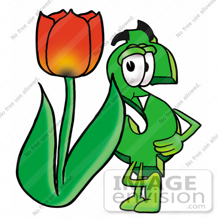 #23684 Clip Art Graphic of a Green USD Dollar Sign Cartoon Character With a Red Tulip Flower in the Spring by toons4biz