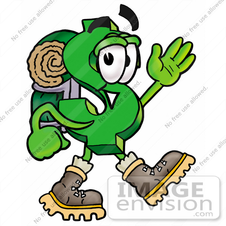 #23685 Clip Art Graphic of a Green USD Dollar Sign Cartoon Character Hiking and Carrying a Backpack by toons4biz