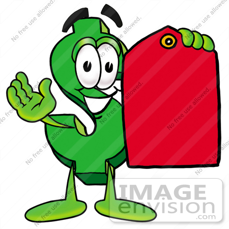#23689 Clip Art Graphic of a Green USD Dollar Sign Cartoon Character Holding a Red Sales Price Tag by toons4biz